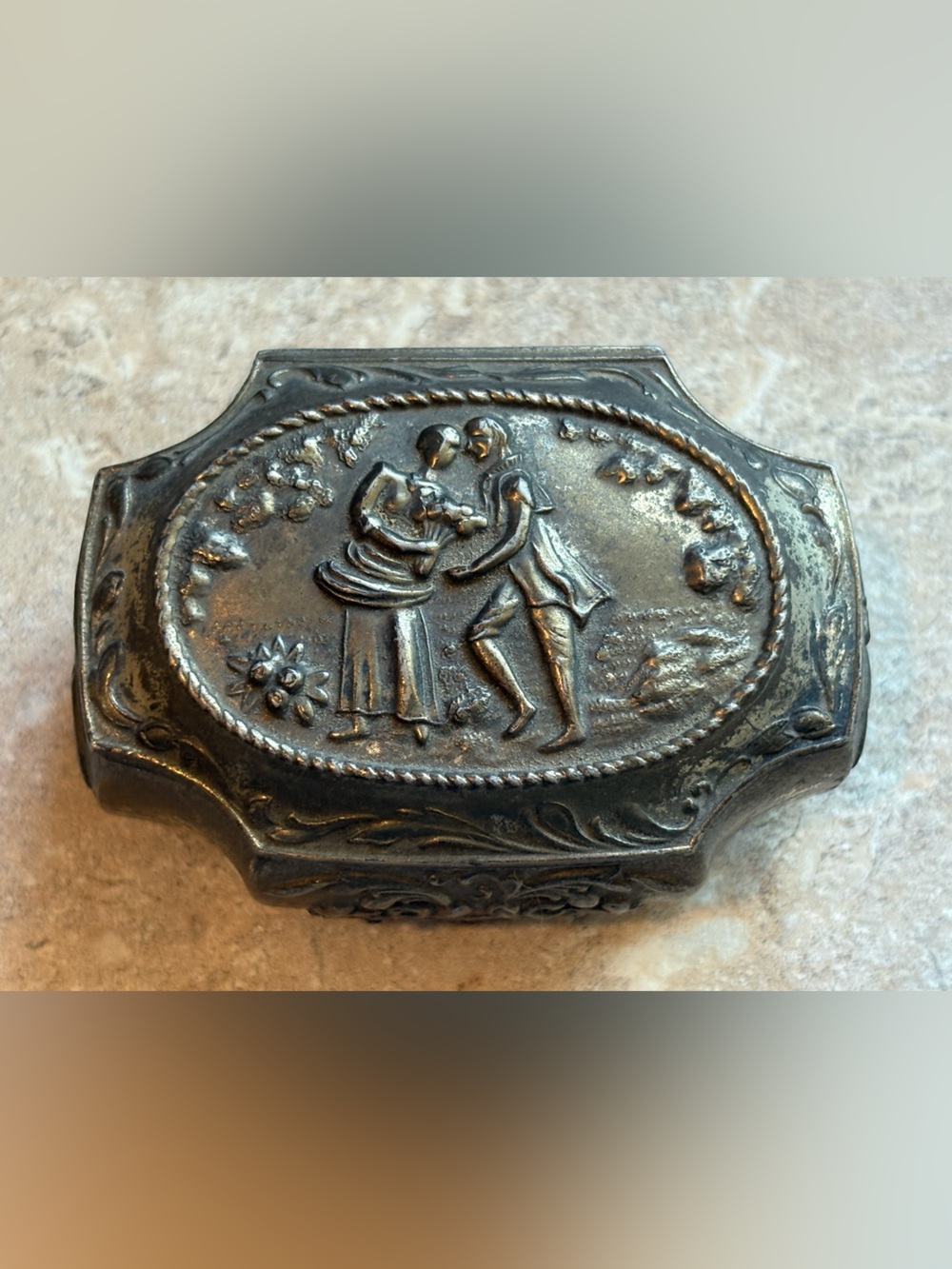 Vintage Cast Metal Trinket Box Courting Couple Jewelry Casket Red Velvet Lined